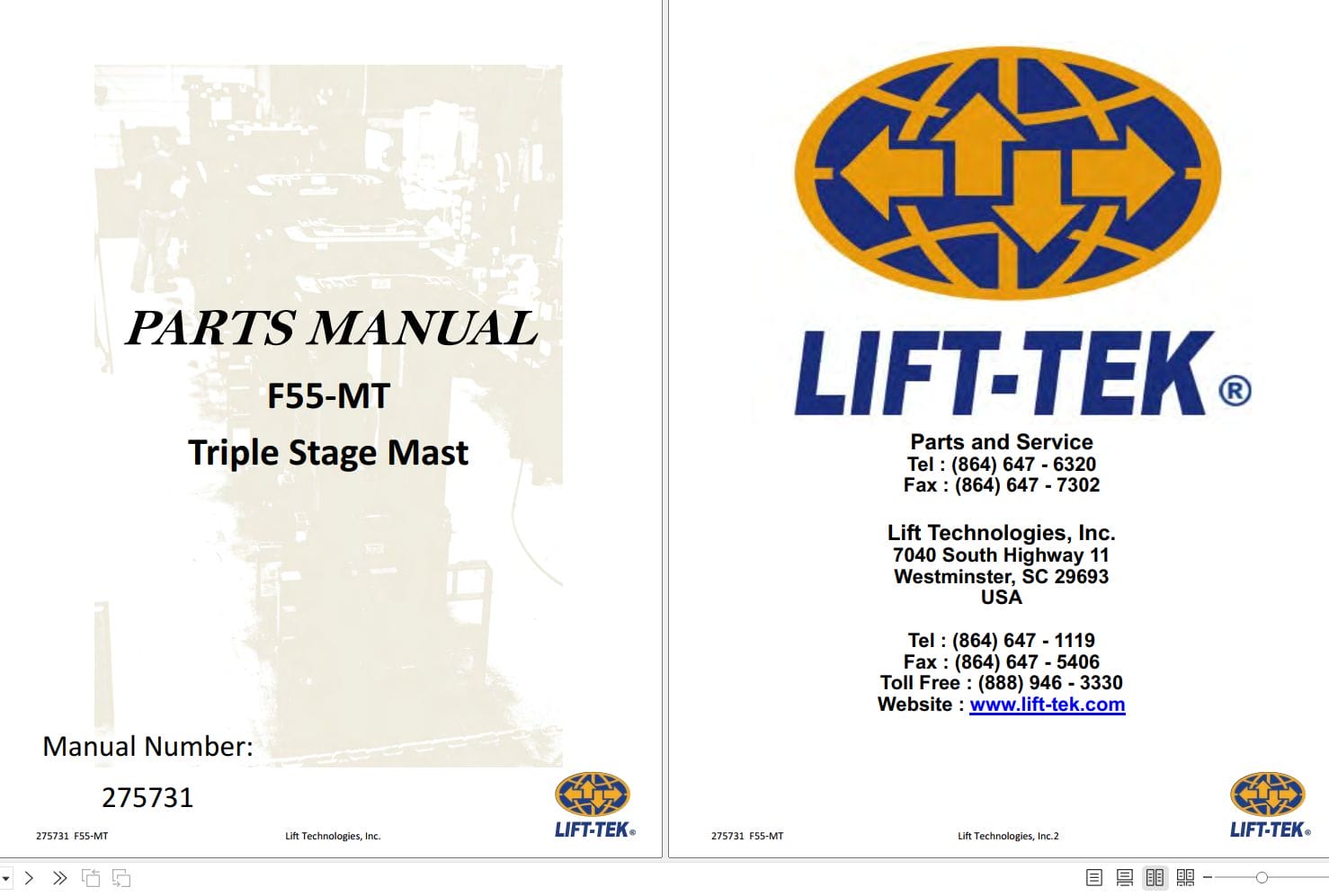 Lift Tek F55 MT Triple Stage Mast Part Manual 275731 (1)