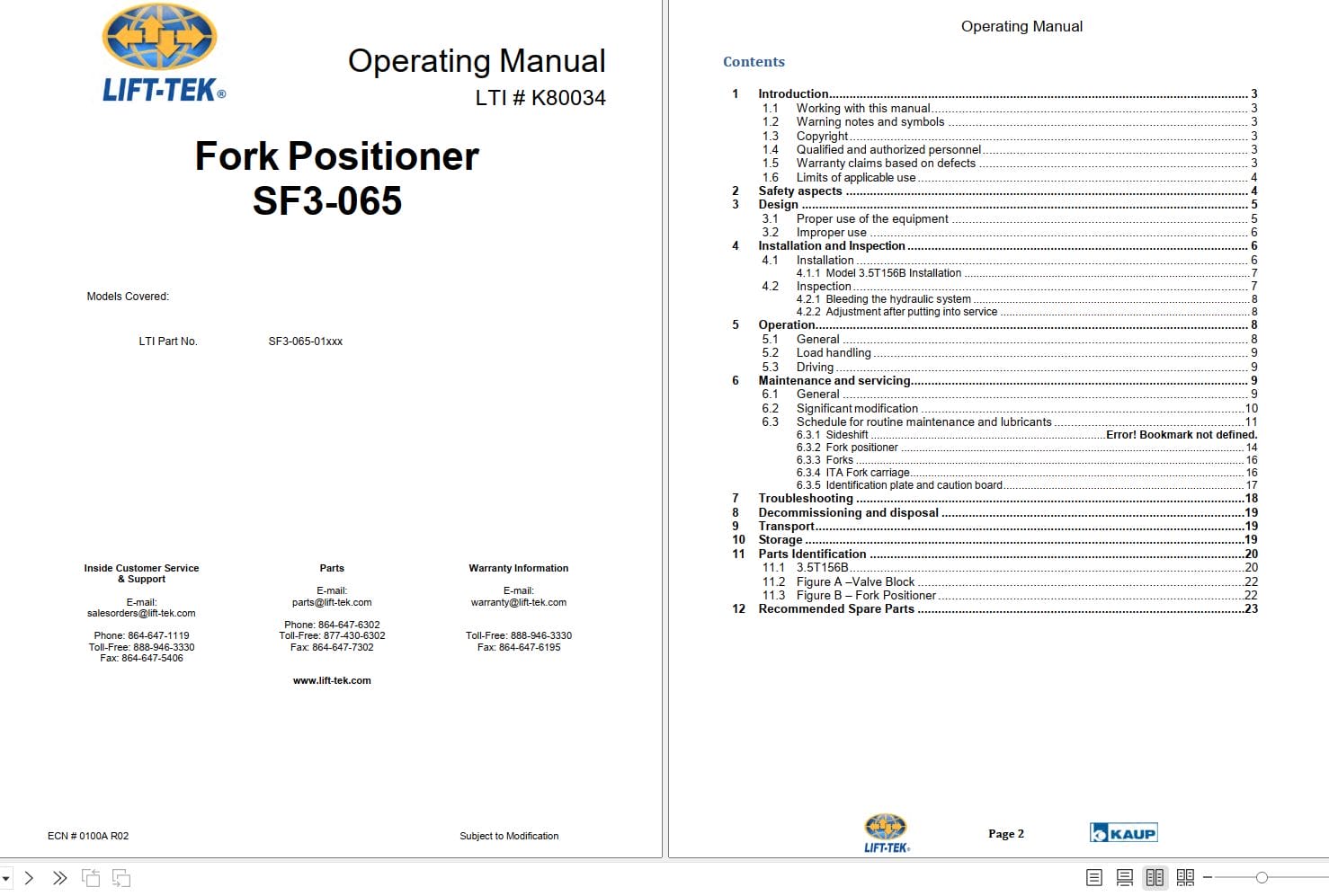 Lift Tek Fork Positioner SF3 065 Operating Manual K80034 (1)