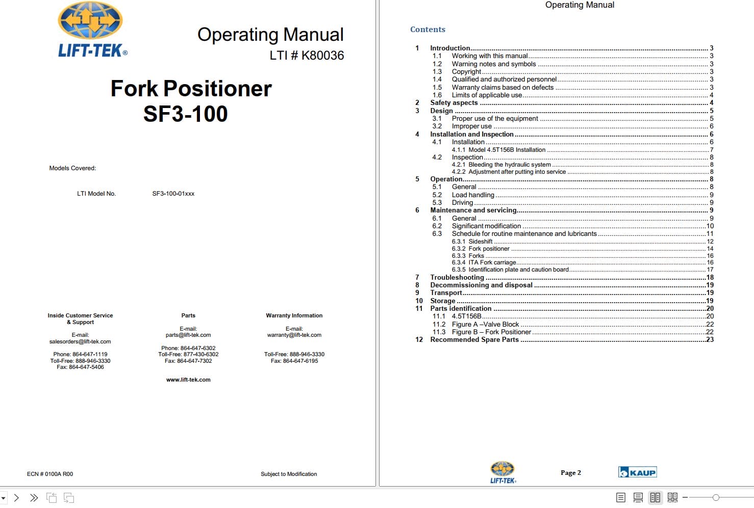 Lift Tek Fork Positioner SF3 100 Operating Manual K80036 (1)