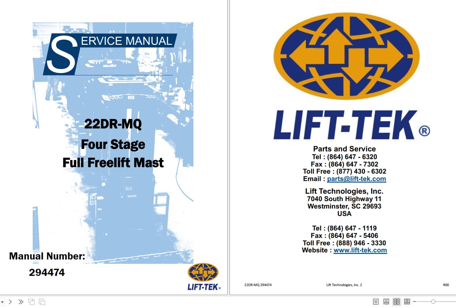 Lift Tek Four Stage Full Freelift Mast 22DR MQ Service Manual 294474 (1)