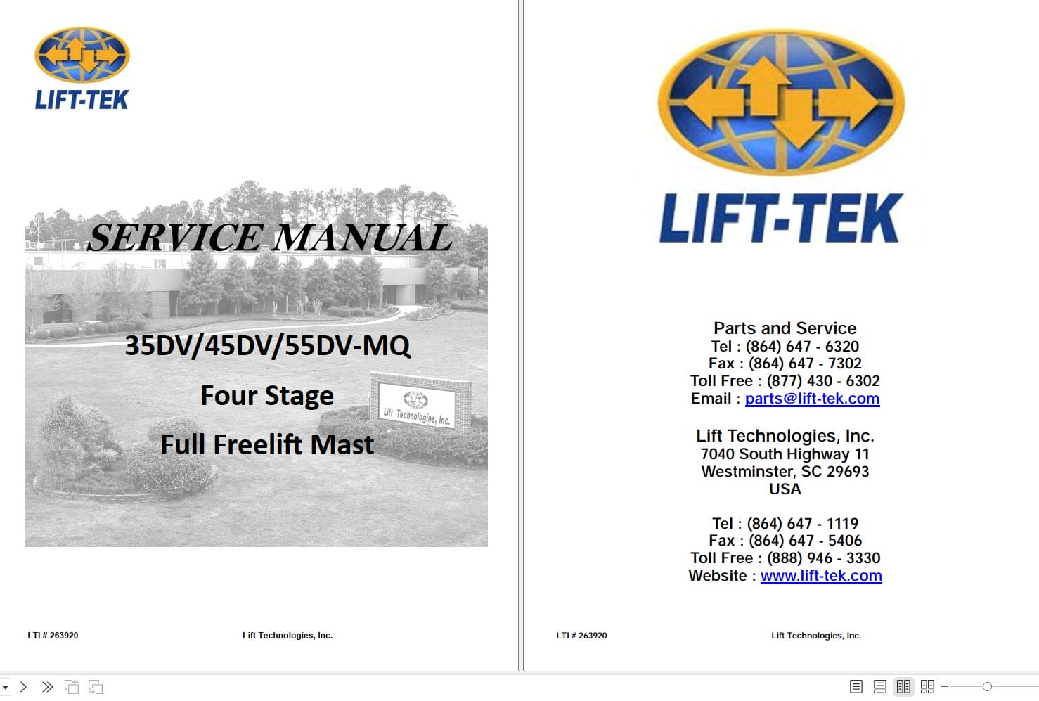 Lift Tek Four Stage Full Freelift Mast 35DV MQ 45DV MQ 55DV MQ Service Manual 263920R2 (1)