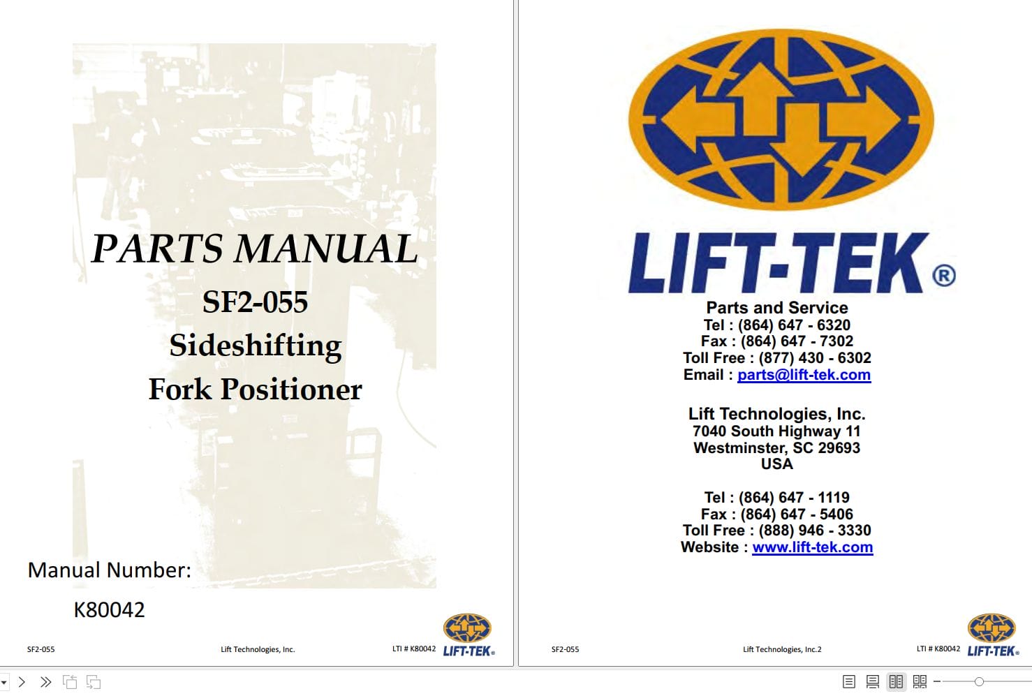 Lift Tek SF2 055 Sideshifting Fork Positioner Part Manual K80042 (1)