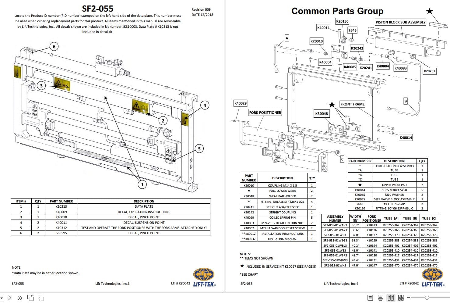 Lift Tek SF2 055 Sideshifting Fork Positioner Part Manual K80042 (2)