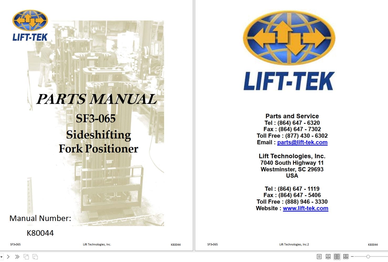 Lift Tek SF3 065 Sideshifting Fork Positioner Part Manual K80044 (1)