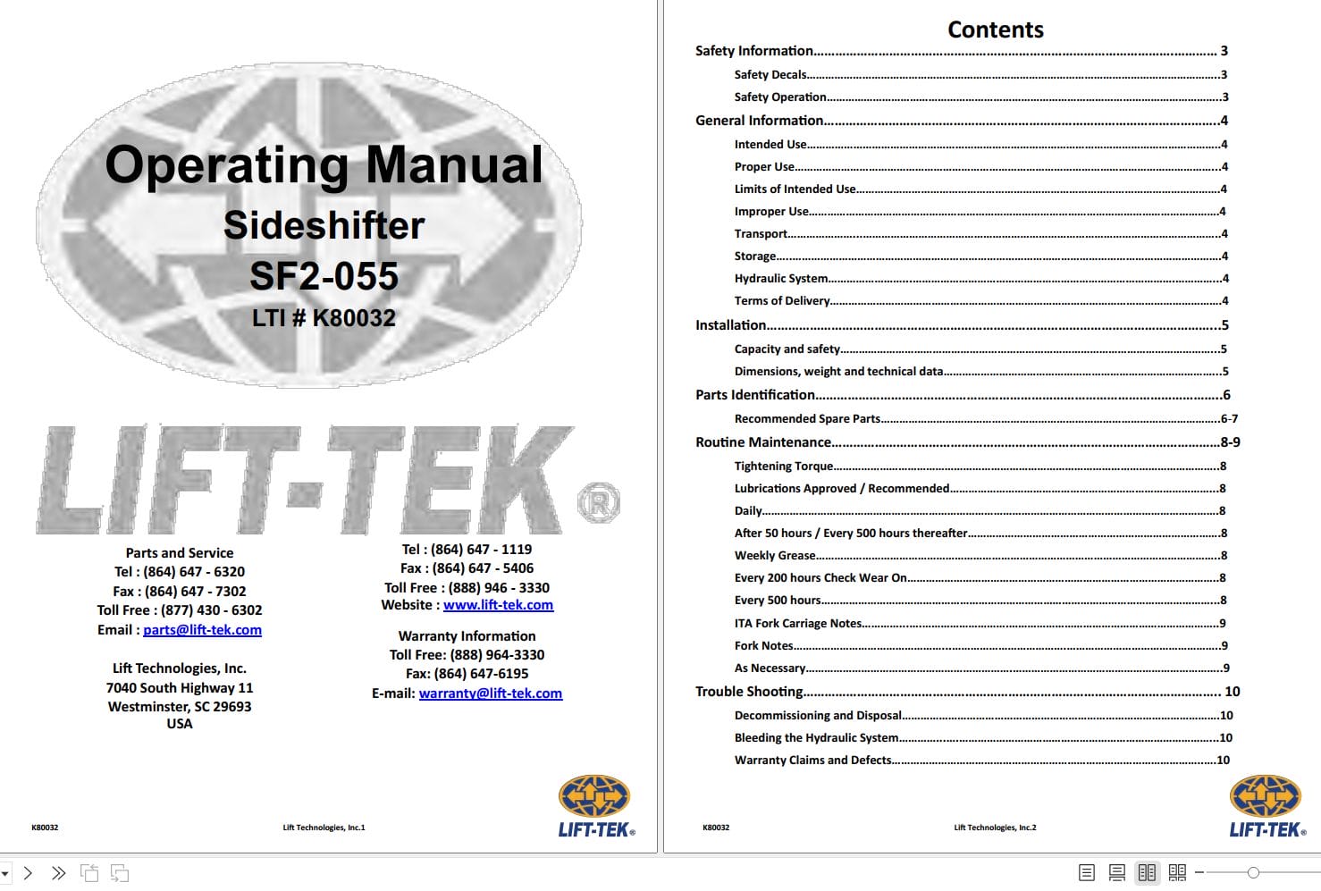 Lift Tek Sideshifter SF2 055 Operating Manual K80032 (1)