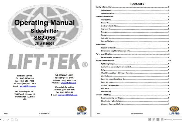 Lift Tek Sideshifter SS2 055 Operating Manual K80031 (1)