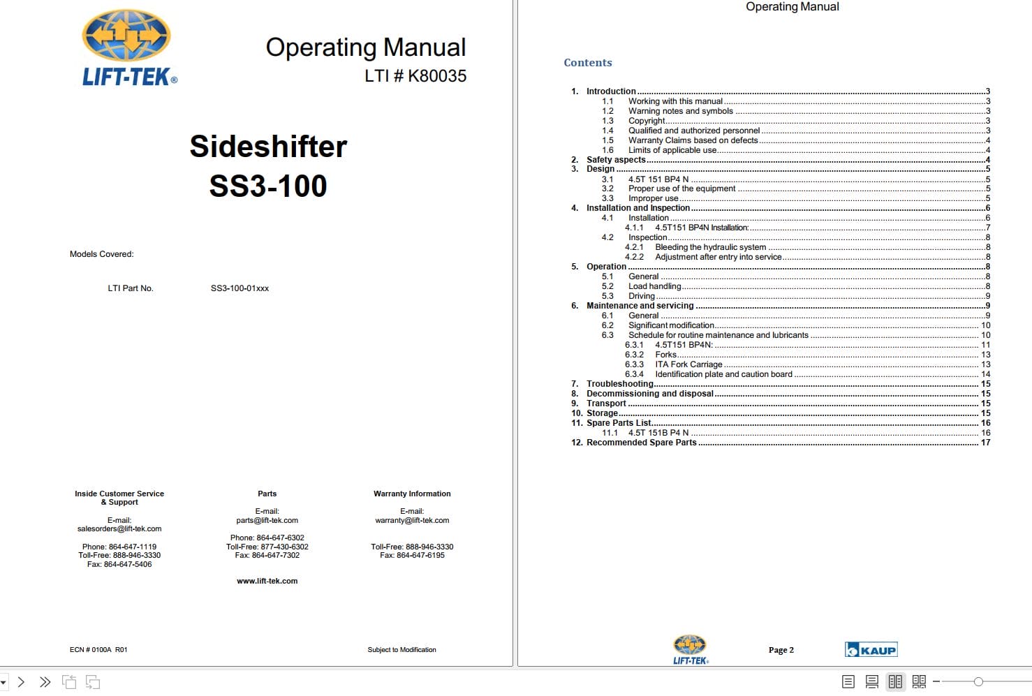 Lift Tek Sideshifter SS3 100 Operating Manual K80035 (1)