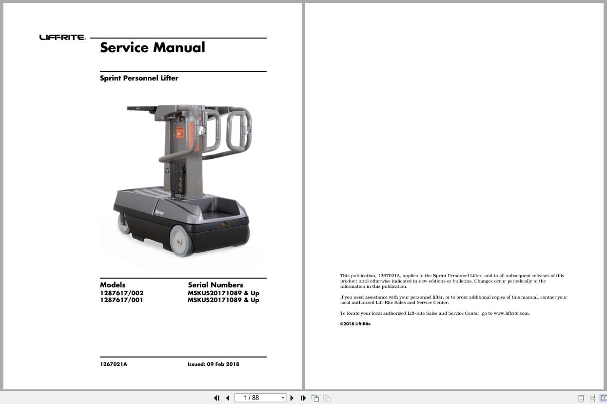 Liftrite Personnel Lifter Sprint Service Manual 1267021A 2018 (1)