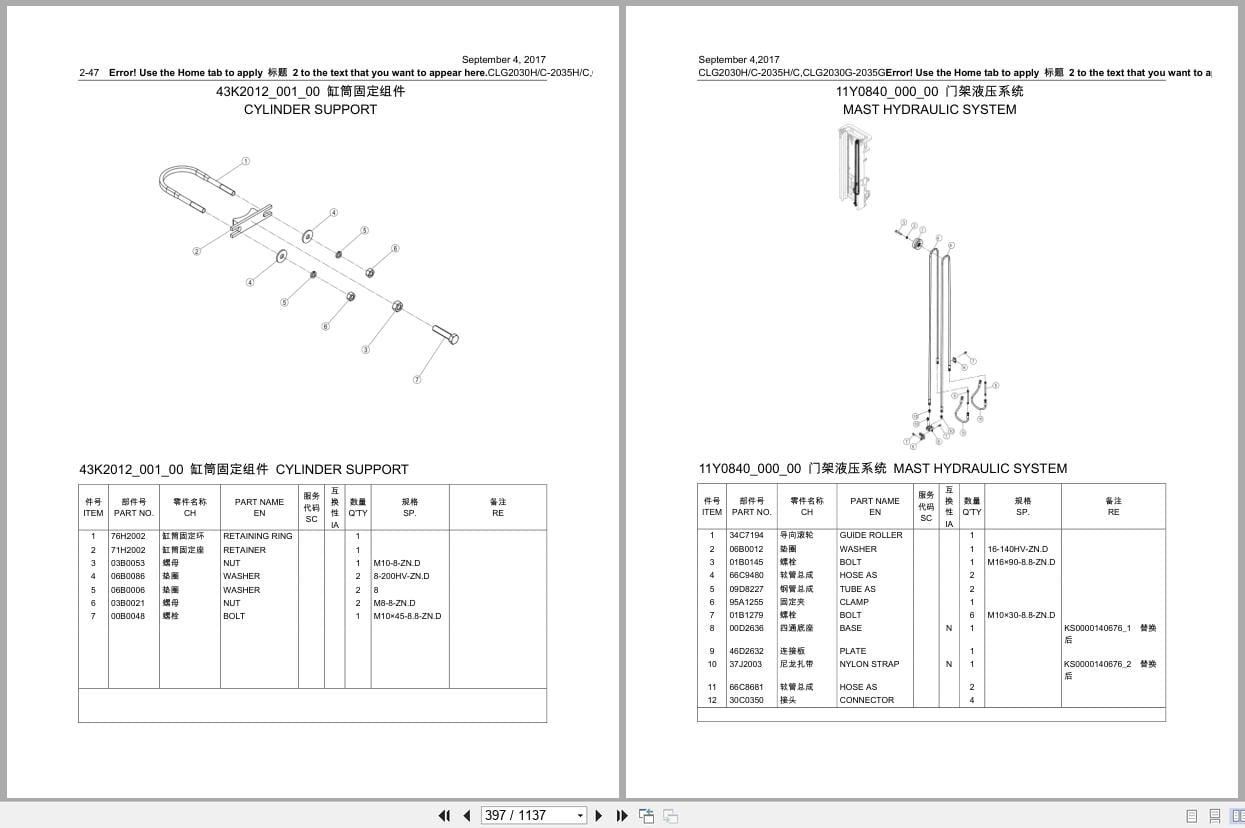 Liugong Forklift Truck CLG2030H to CLG2035G Parts Manual 201709000 2017 ZH EN (2)