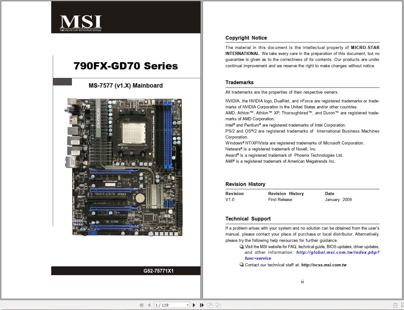 MSI Mainboard 790FX GD70 Series MS 7577 Operators Manual G52 75771X1 (1)