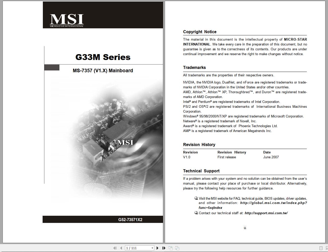 MSI Mainboard G33M Series MS 7357 Operators Manual G52 73571X2 EN DE FR RU (1)