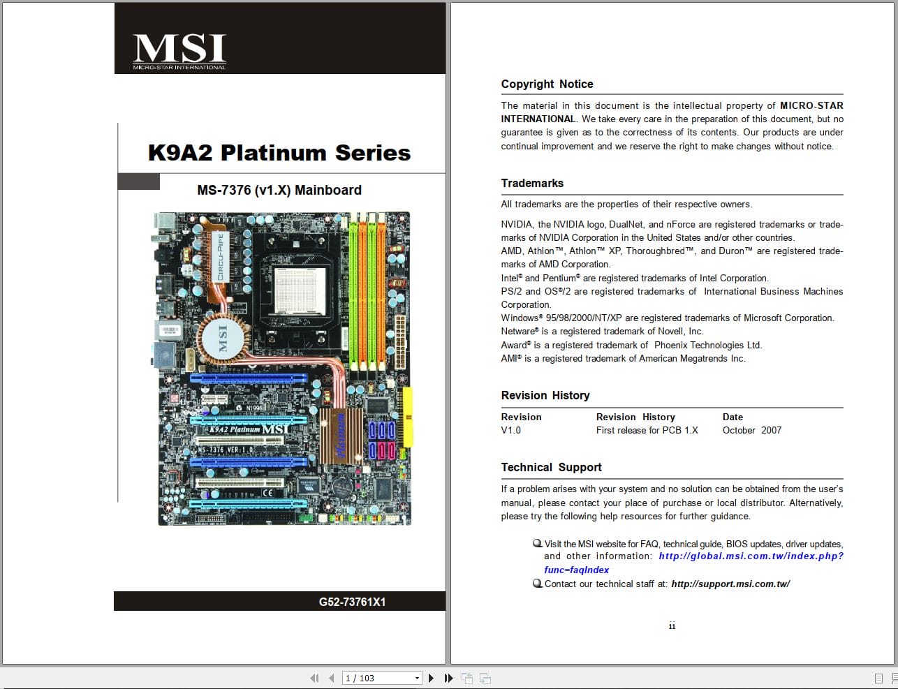 MSI Mainboard K9A2 Platinum Series MS 7376 Operators Manual G52 73761X1 (1)