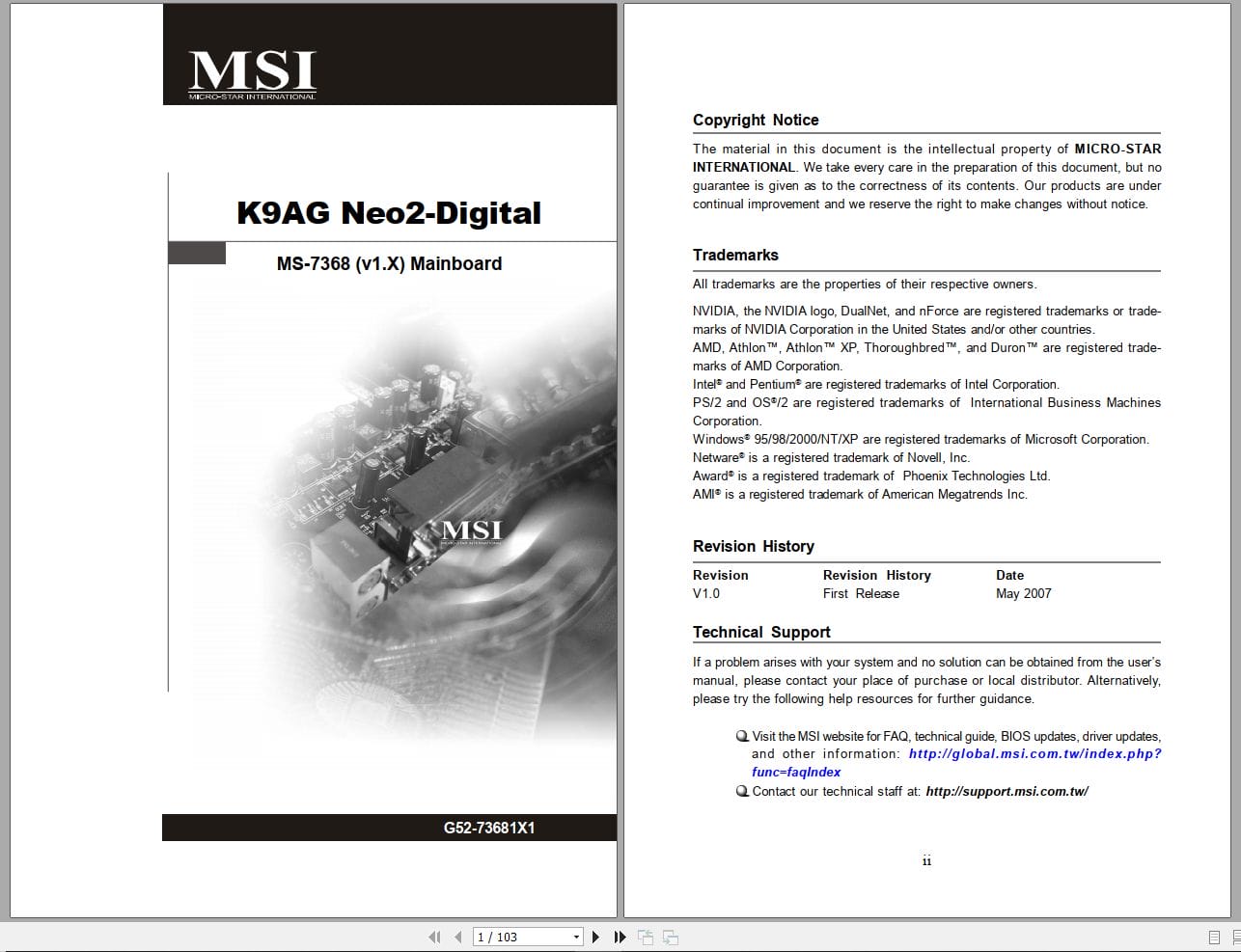 MSI Mainboard K9AG Neo2 Digital MS 7368 Operators Manual G52 73681X1 (1)