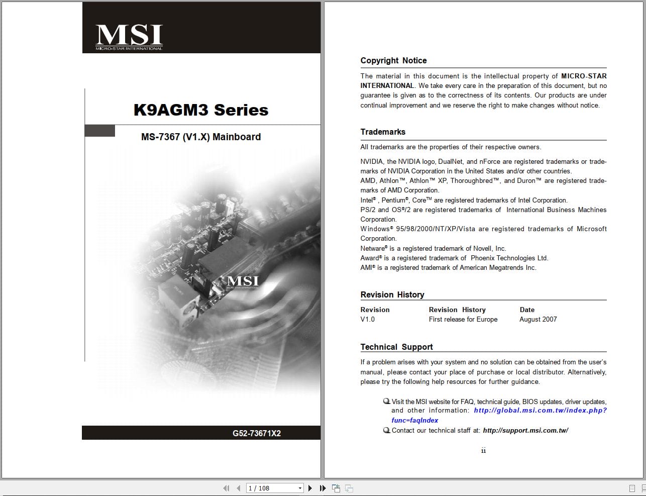 MSI Mainboard K9AGM3 Series MS 7367 Operators Manual G52 73671X2 EN DE FR RU (1)