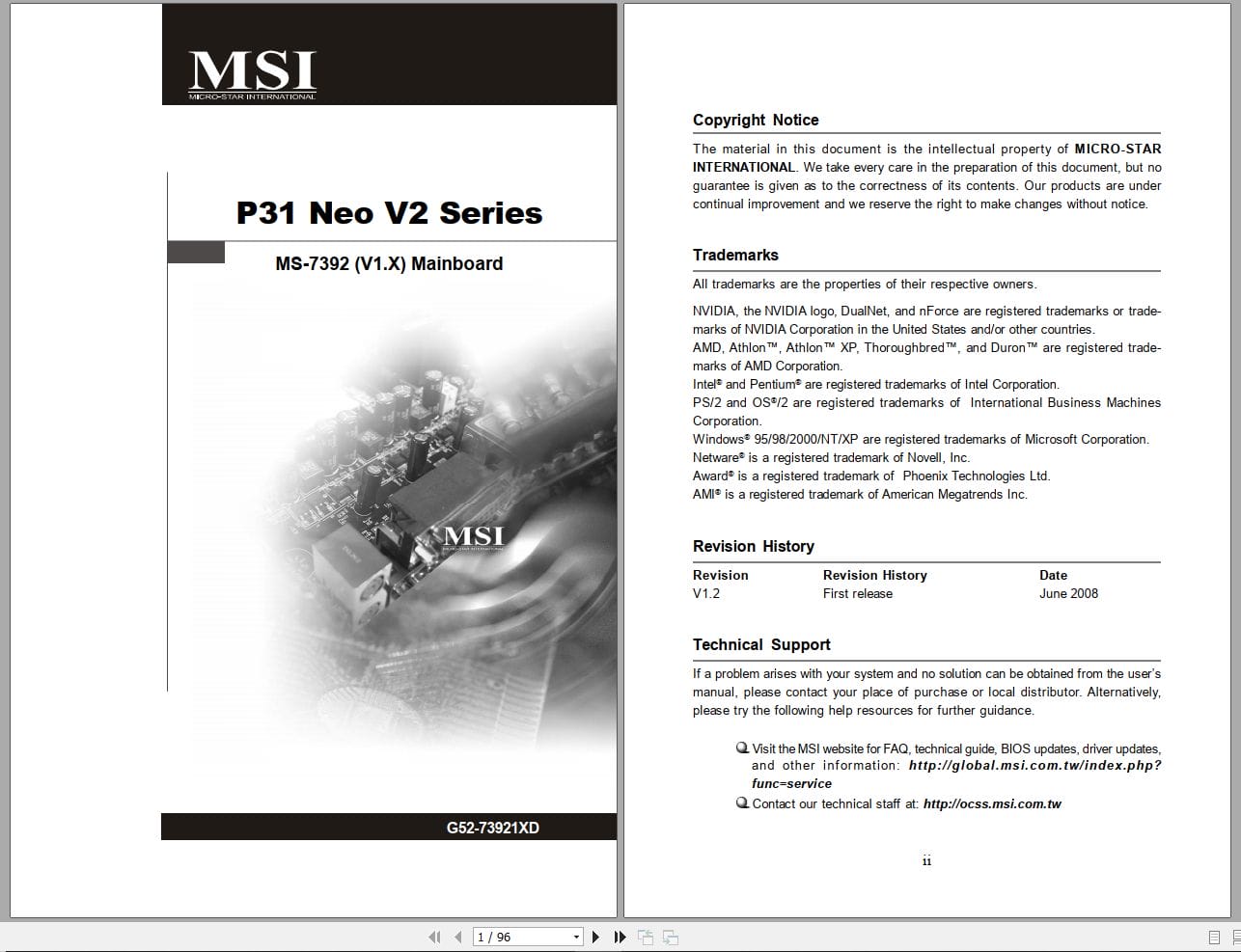 MSI Mainboard P31 Neo V2 Series MS 7392 Operators Manual G52 73921XD (1)