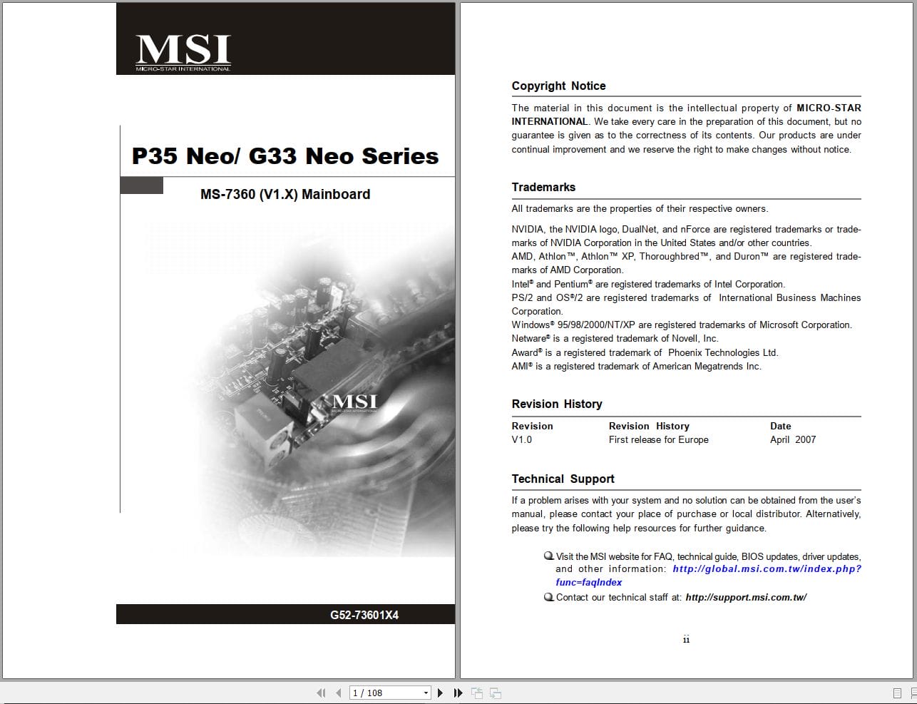 MSI Mainboard P35 Neo G33 Neo Series MS 7360 Operators Manual G52 73601X4 EN DE FR RU (1)