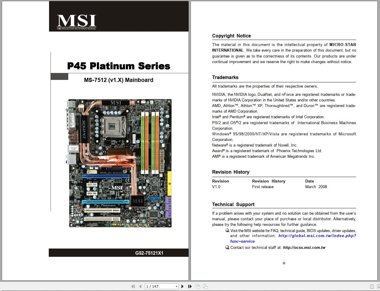 MSI Mainboard P45 Platinum Series MS 7512 Operators Manual G52 75121X1 (1)