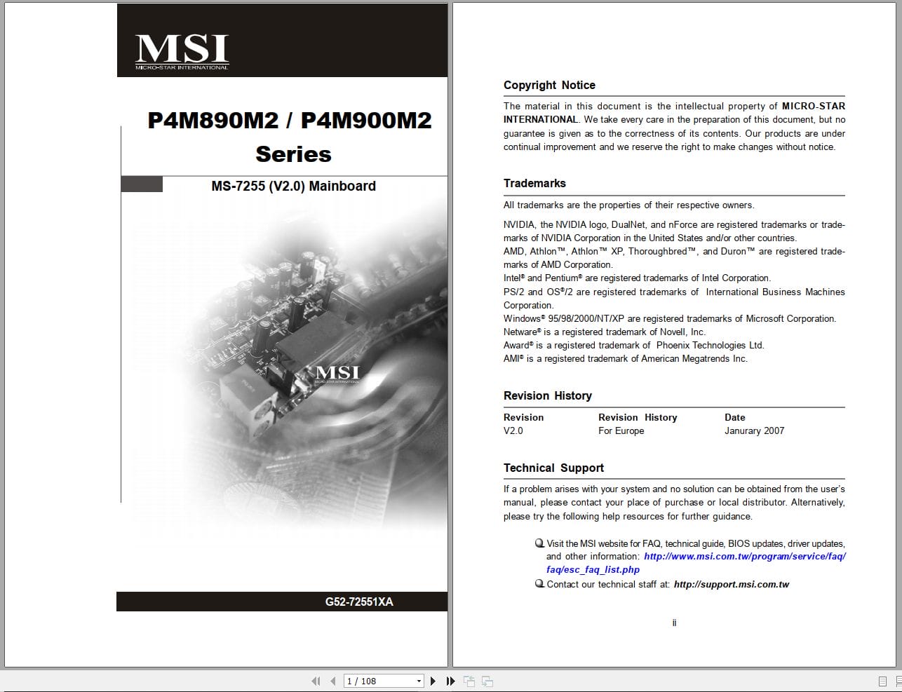 MSI Mainboard P4M890M2 P4M900M2 Series MS 7255 Operators Manual G52 72551XA EN DE FR RU (1)