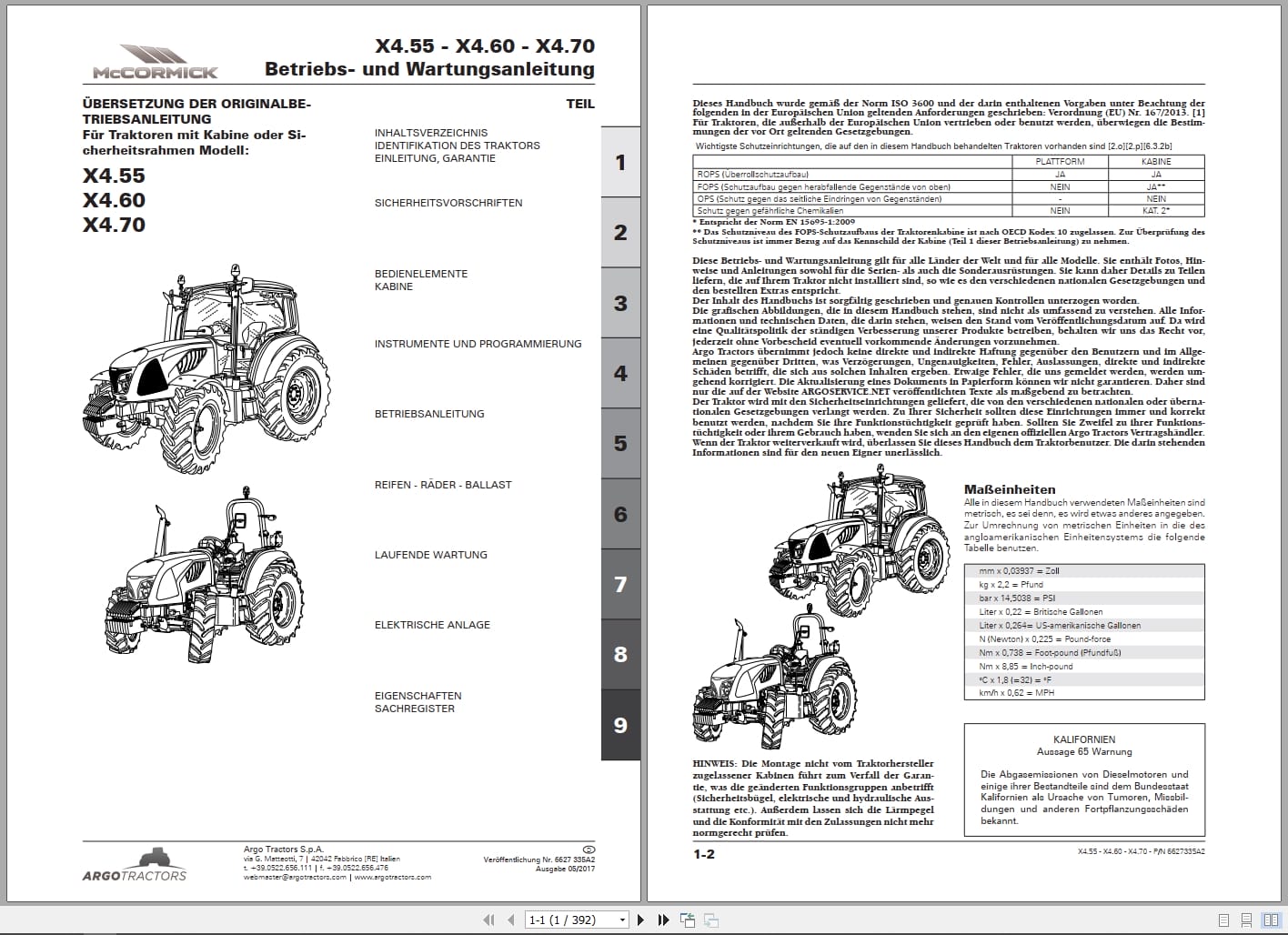 McCormick Tractor X4.55 X4.60 X4.70 Operating Maintenance Manual 6627335A2 DE (1)