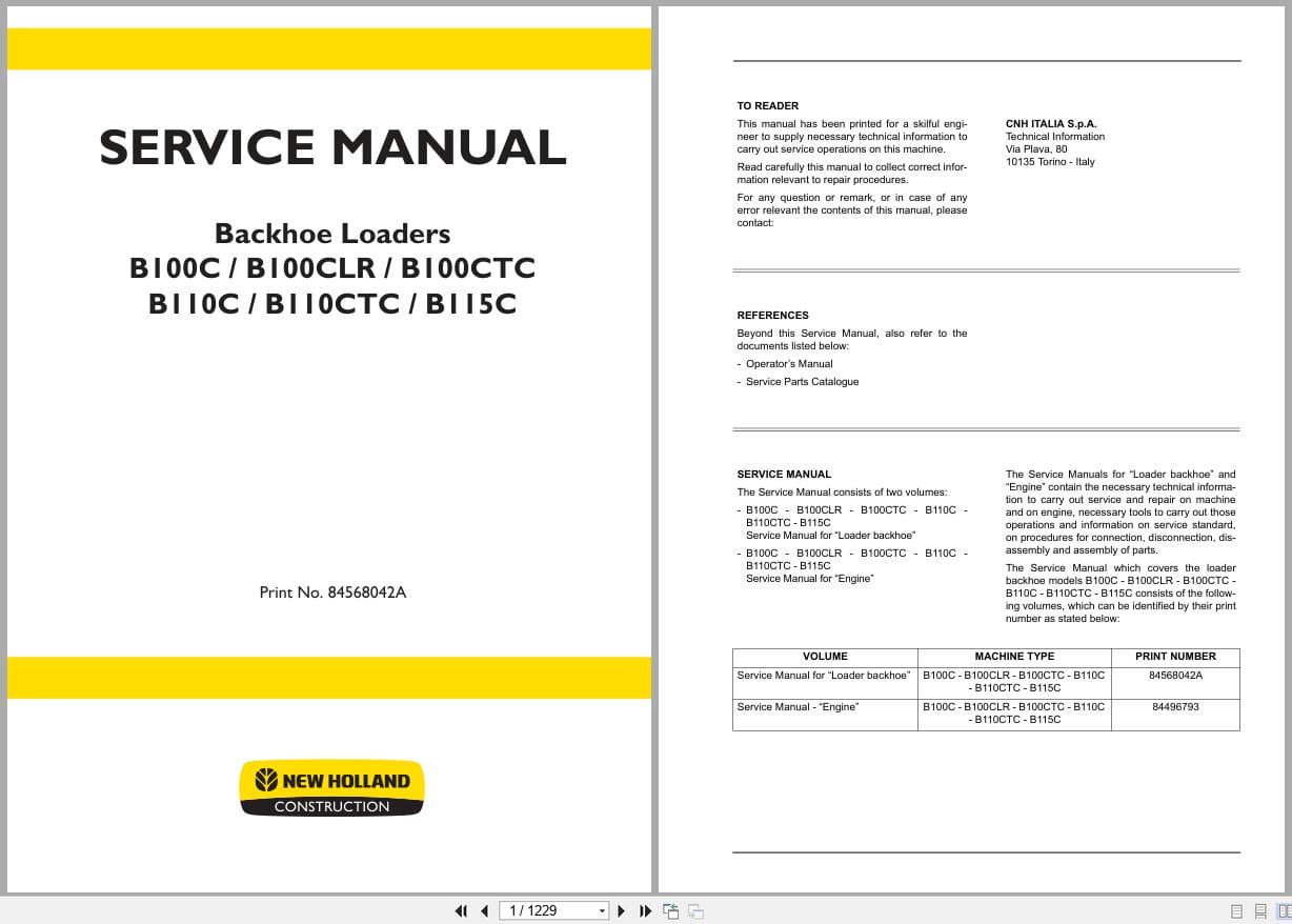 New Holland Backhoe Loader B100C to B115C Service Manual 84568042A (1)