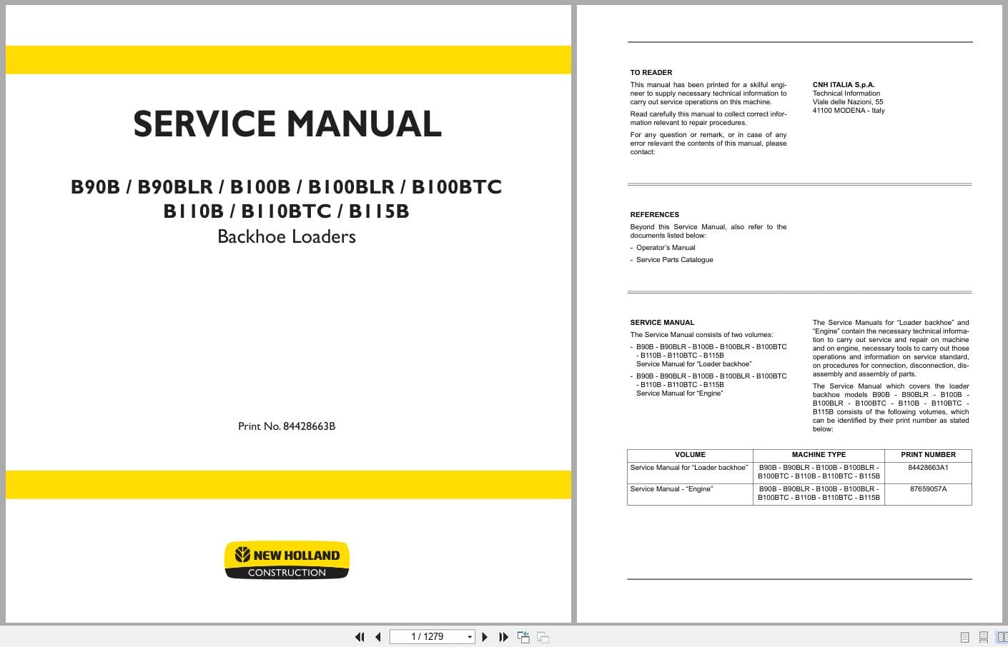 New Holland Backhoe Loader B90B to B115B Service Manual 84428663B (1)