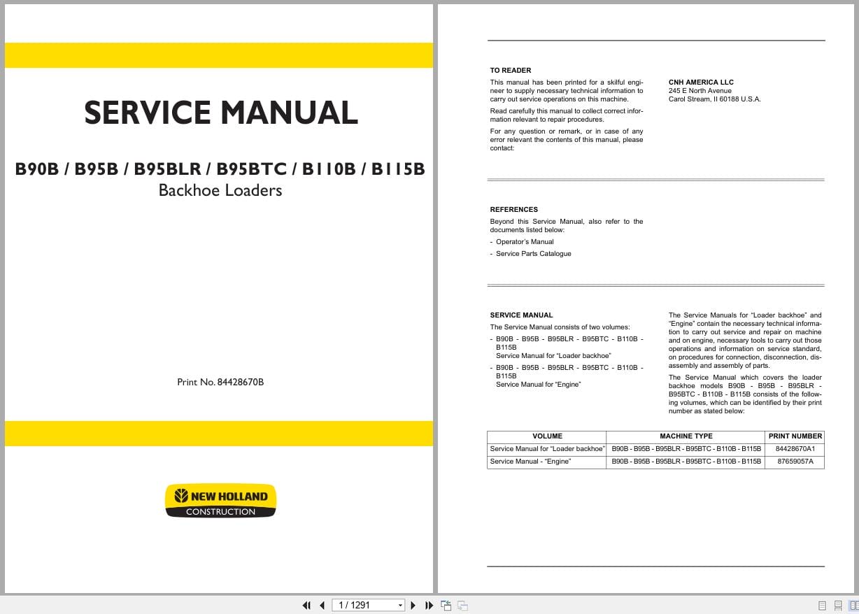 New Holland Backhoe Loader B90B to B115B Service Manual 84428670B (1)