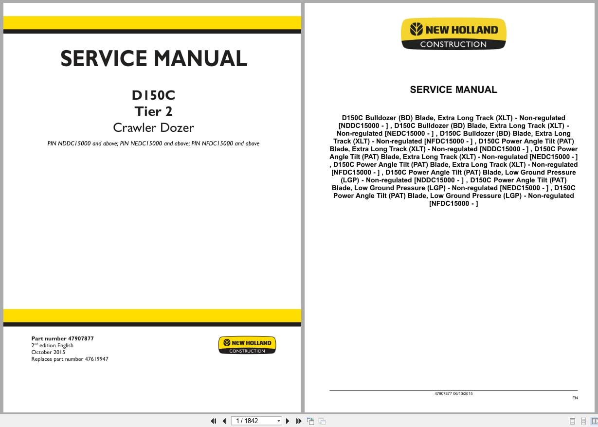 New Holland Crawler Dozer D150C Tier 2 Service Manual 47907877 (1)