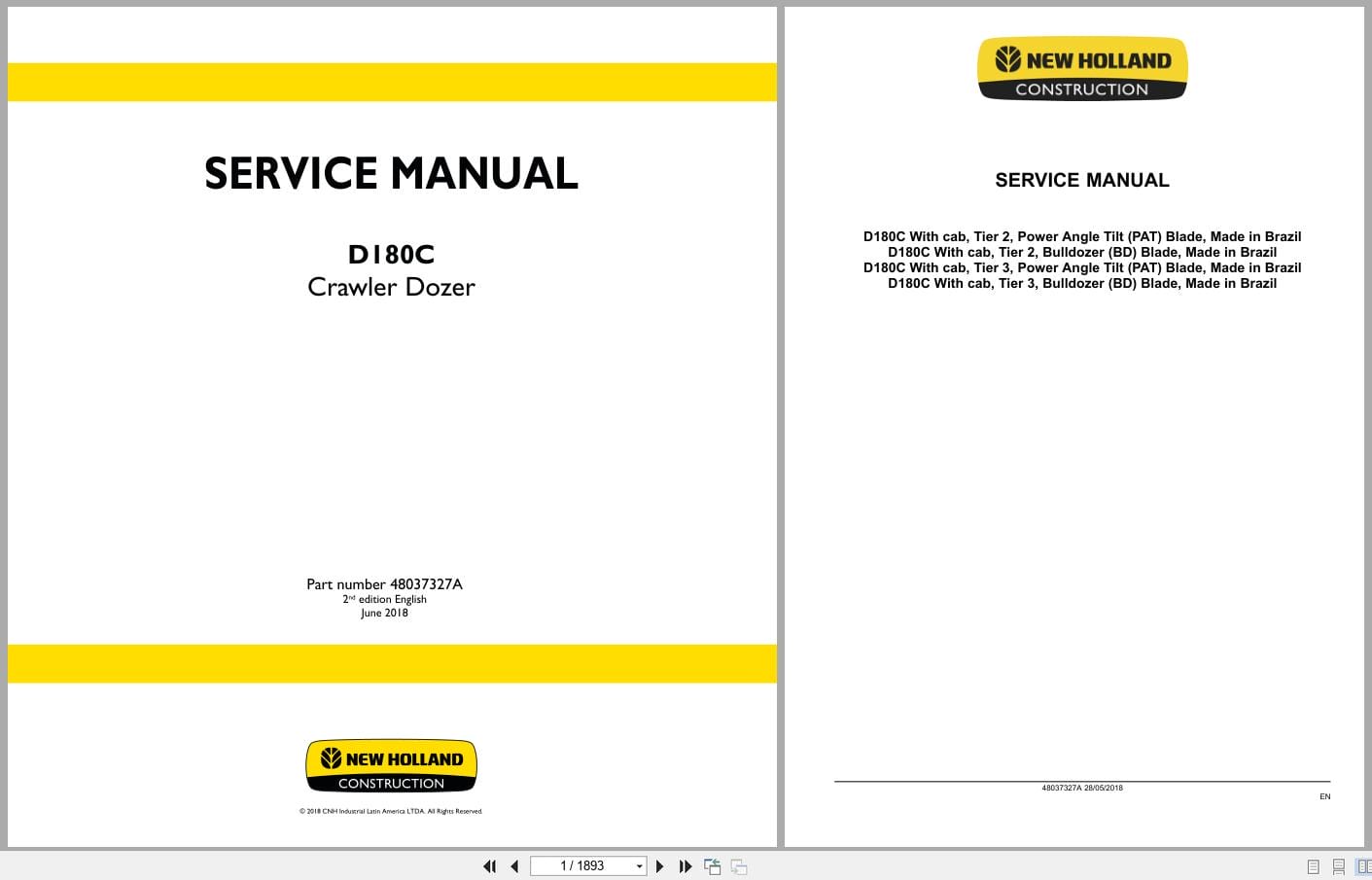 New Holland Crawler Dozer D180C Service Manual 48037327A (1)