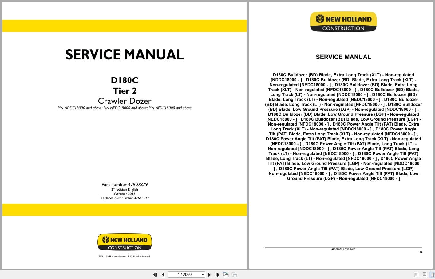 New Holland Crawler Dozer D180C Tier 2 Service Manual 47907879 (1)