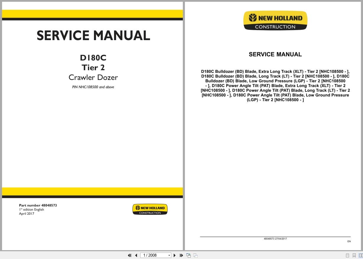 New Holland Crawler Dozer D180C Tier 2 Service Manual 48048573 (1)
