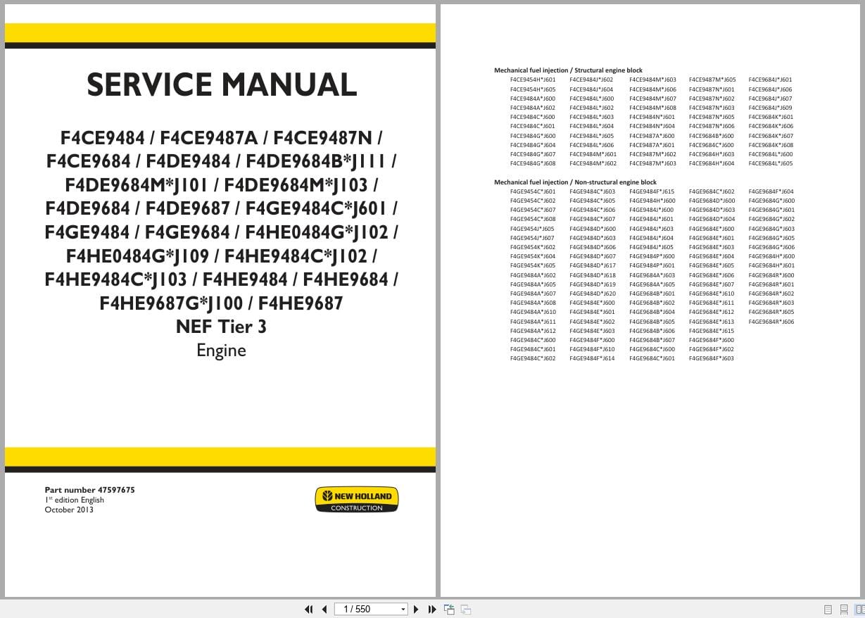 New Holland Engine F4CE9484 to F4HE9687 NEF Tier 3 Service Manual 47597675 (1)