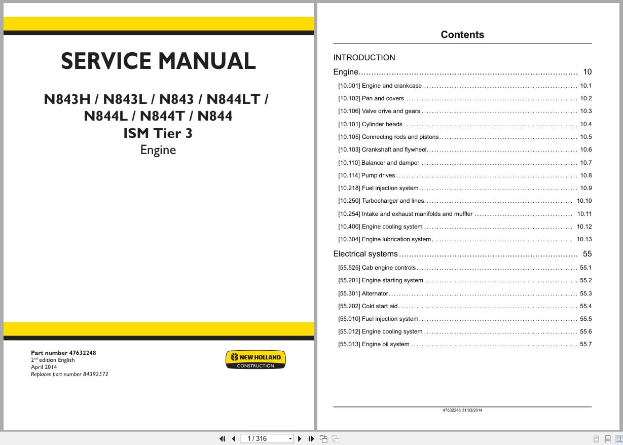 New Holland Engine N843H to N844 ISM Tier 3 Service Manual 47632248 (1)