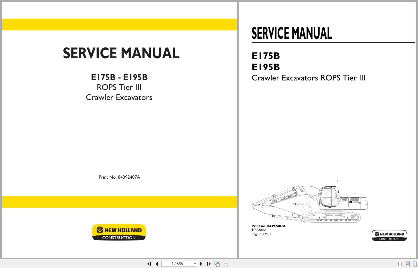New Holland Excavator E175B E195B ROPS Tier III Service Manual 84392407A (1)