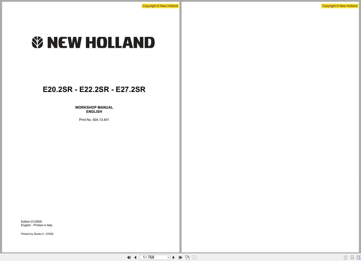 New Holland Excavator E20.2SR E22.2SR E27.2SR Workshop Manual 60413401 (2)