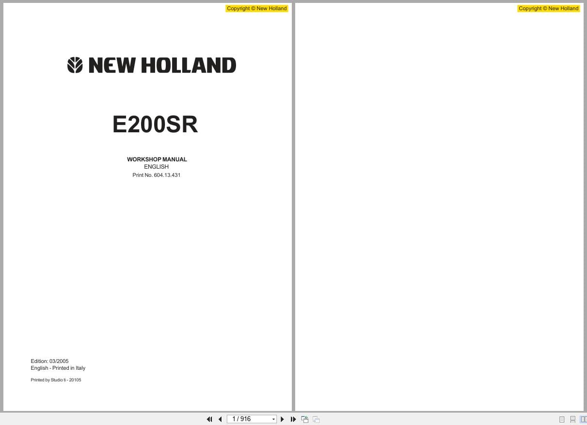 New Holland Excavator E200SR Workshop Manual 60413431 (1)