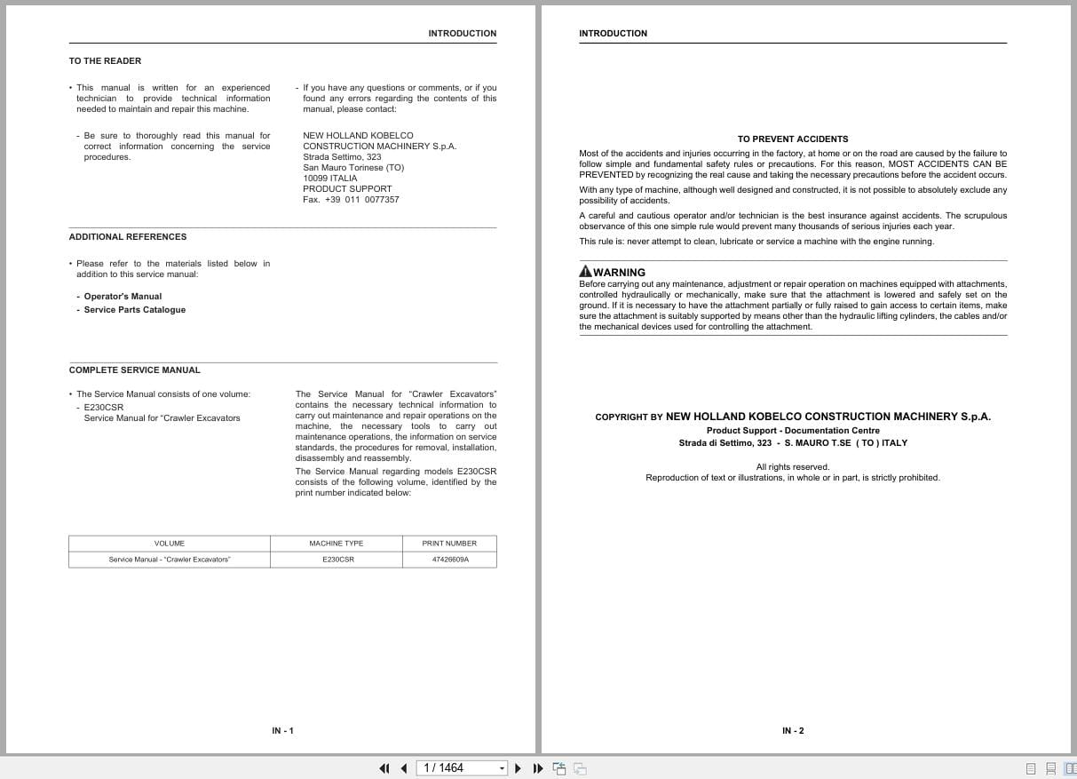 New Holland Excavator E230CSR Service Manual 47426609A (1)