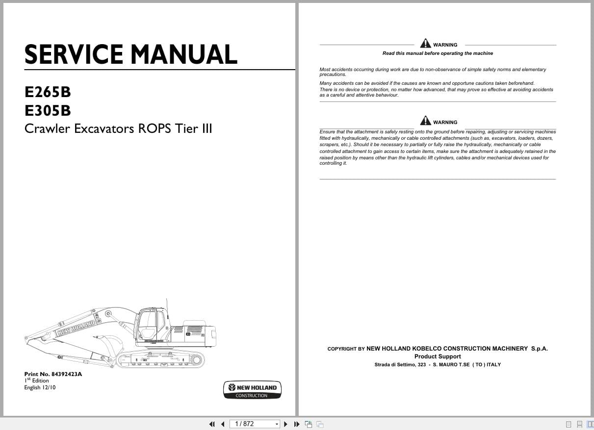 New Holland Excavator E265B E305B ROPS Tier III Service Manual 84392423A (1)