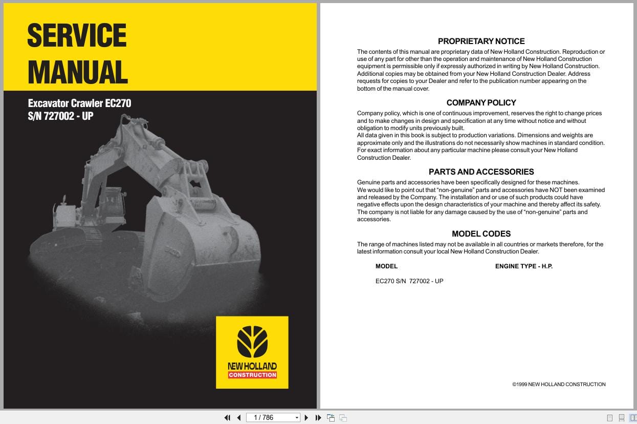 New Holland Excavator EC270 Service Manual 73179390 (1)