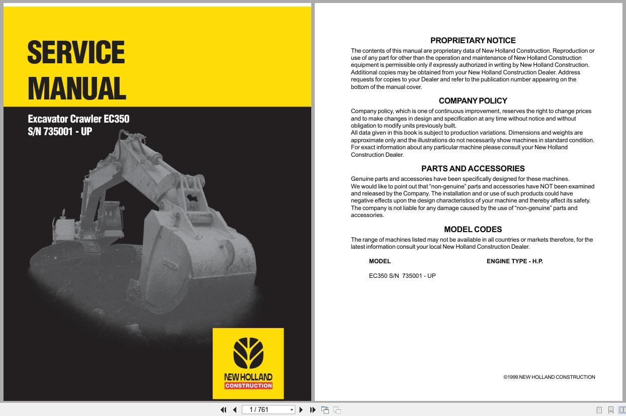 New Holland Excavator EC350 Service Manual 73179393 (1)