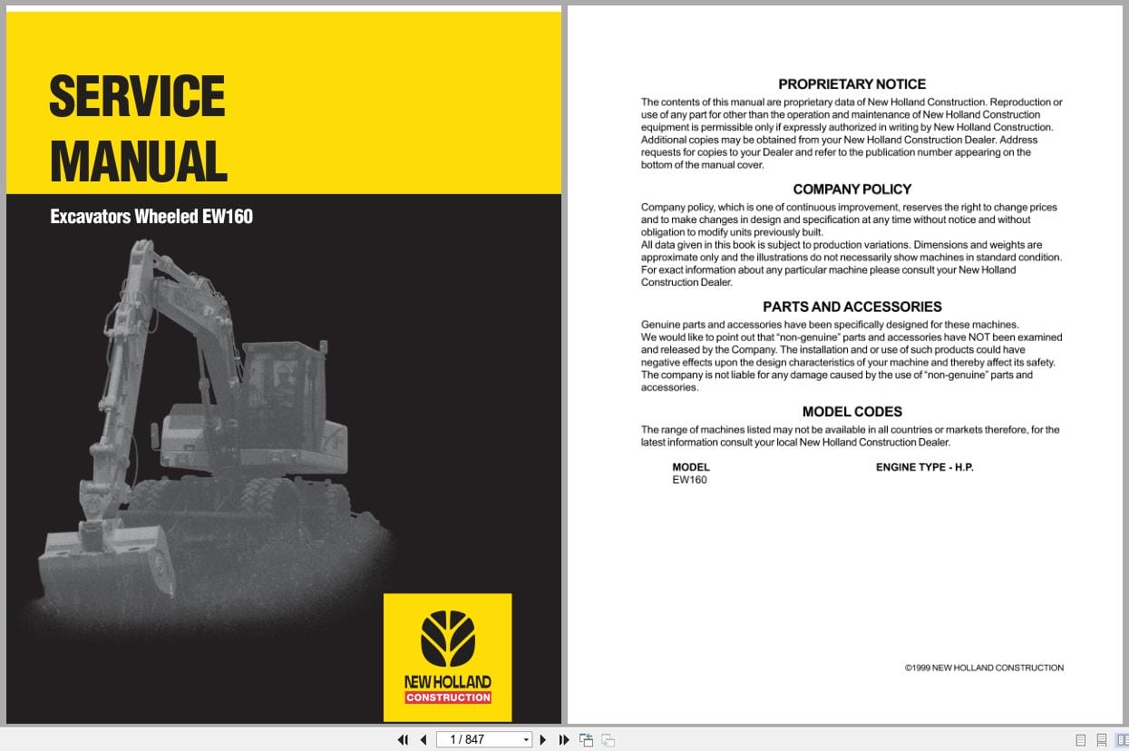 New Holland Excavator EW160 Service Manual 73179372 (1)