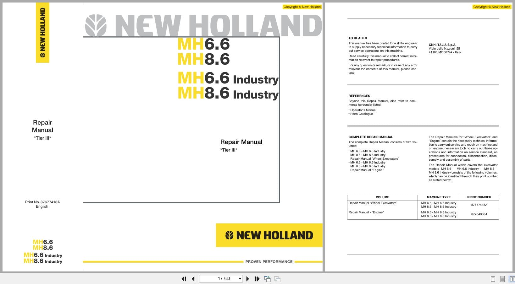 New Holland Excavator MH6.6 MH8.6 Industry Repair Manual 87677418A (1)