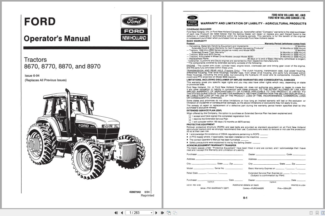 New Holland Ford Tractor 8670 to 8970 Operators Manual 42867042 (1)