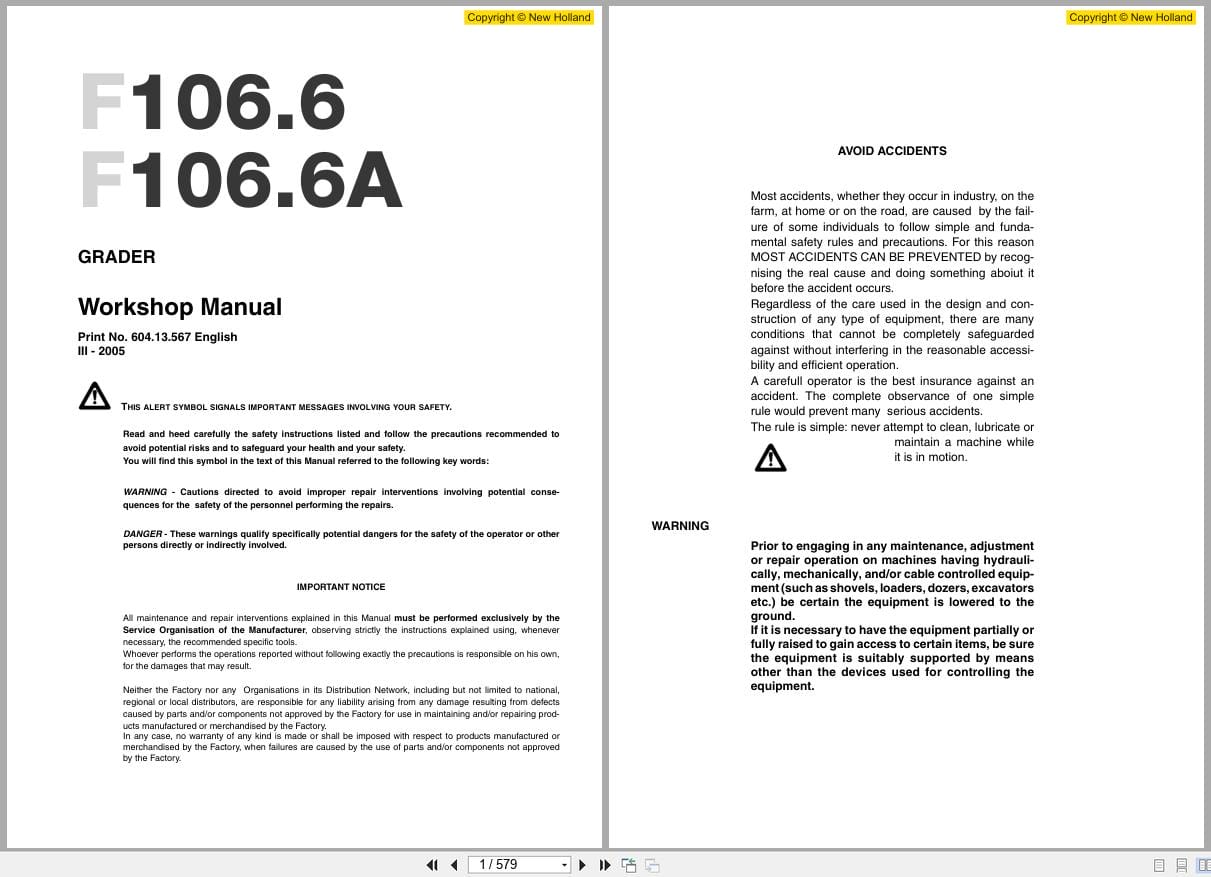New Holland Grader F106.6 F106.6A Workshop Manual 60413567 (1)