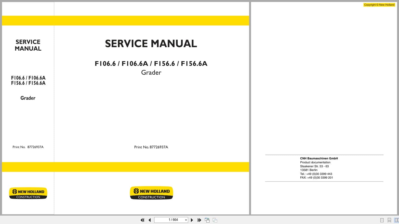 New Holland Grader F106.6 to F156.6A Service Manual 87726937A (1)