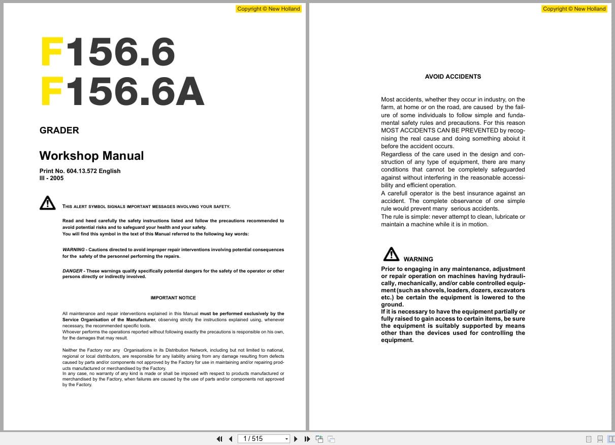 New Holland Grader F156.6 F156.6A Workshop Manual 60413572 (1)