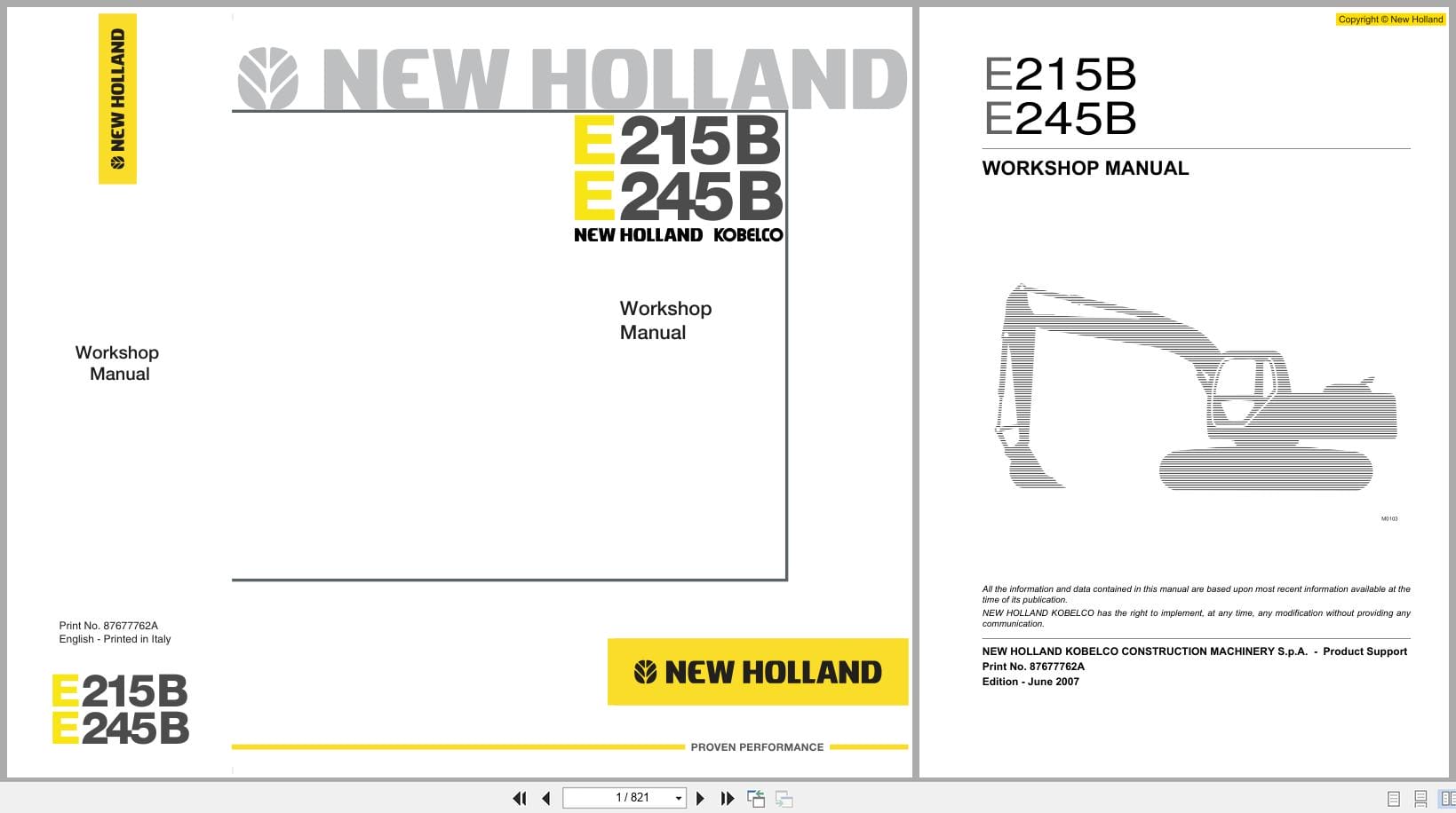 New Holland Hydraulic Excavator E215B E245B Workshop Manual 87677762A (1)