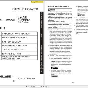 New Holland Hydraulic Excavator E265B E265BLC Shop Manual 87731200 (1)