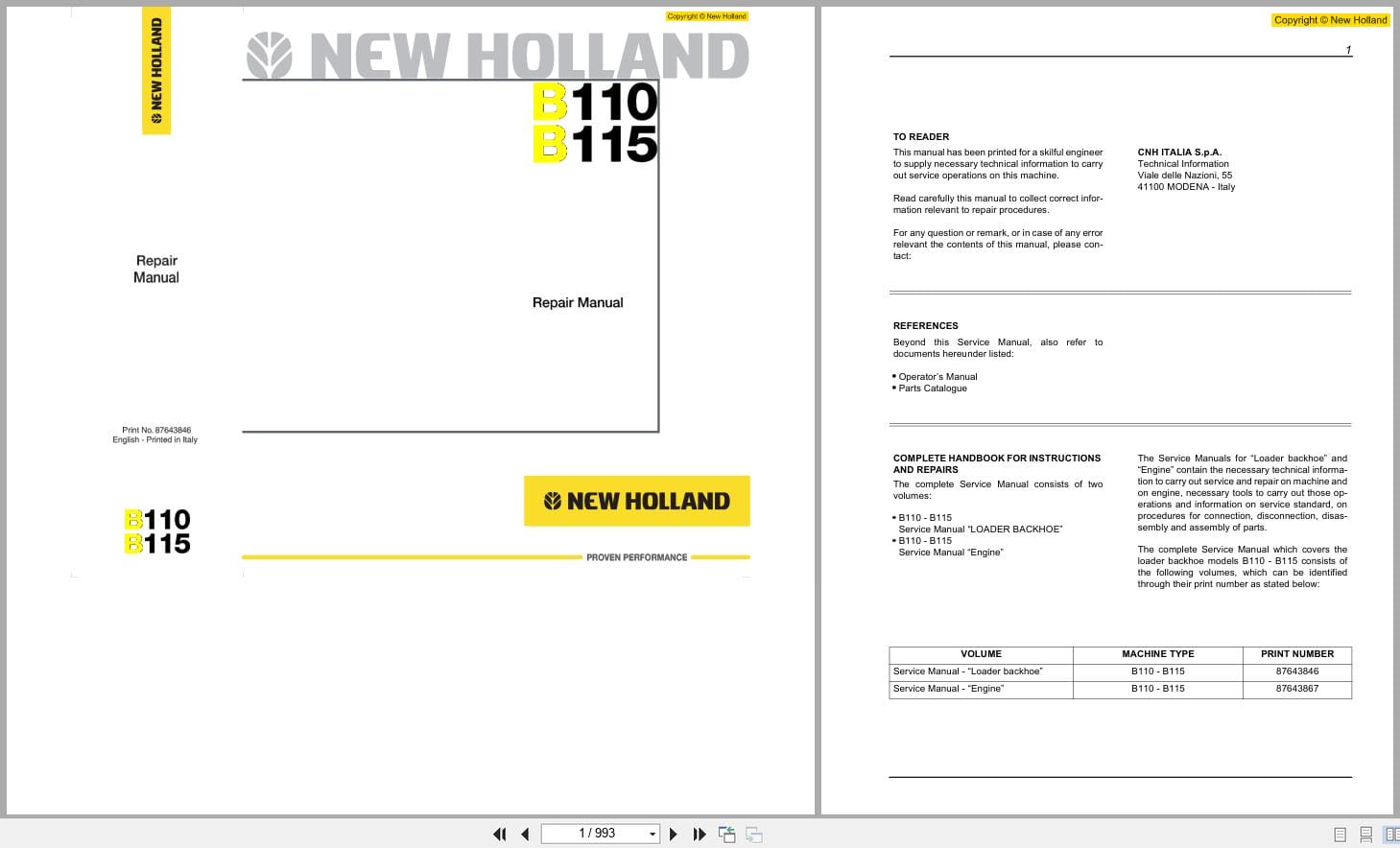 New Holland Loader Backhoe B110 B115 Repair Manual 87643846 (1)