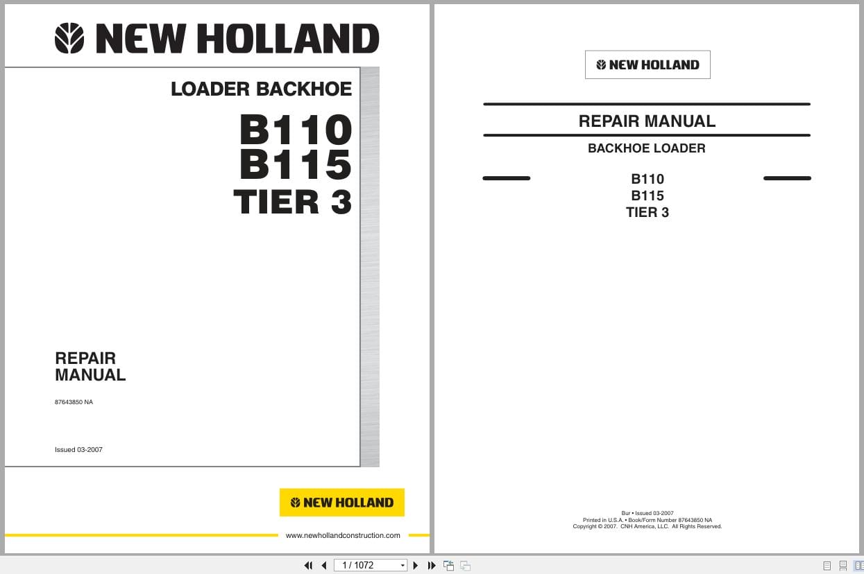 New Holland Loader Backhoe B110 B115 Tier 3 Repair Manual 87643850NA (1)