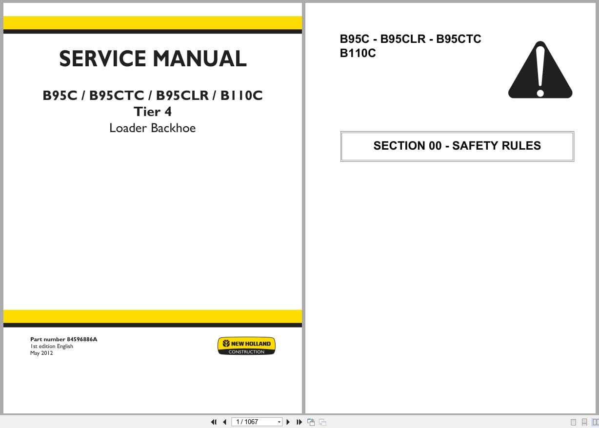 New Holland Loader Backhoe B95C to B110C Tier 4 Service Manual 84596886A (1)
